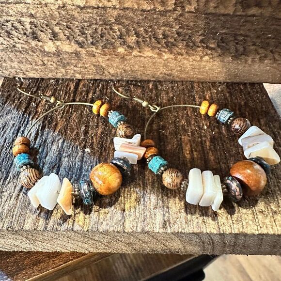 Handmade Western Hippie Copper Wire Natural Wooden Beads Drop Earrings, Gift Box - Picture 5 of 7